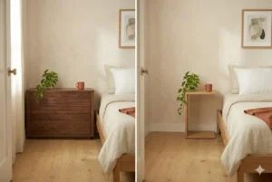 common nightstand mistakes small bedroom – oversized nightstand blocking pathway