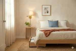 small bedroom fully styled with nightstand storage bed and bedroom lighting ideas