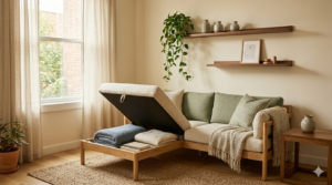 Storage sofa with lift-up seat cushion revealing hidden compartment — functional small apartment furniture