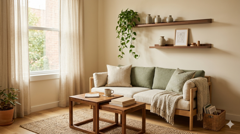Functional small apartment furniture — cozy studio living room with light oak sofa, walnut floating shelves, and sage green cushions
