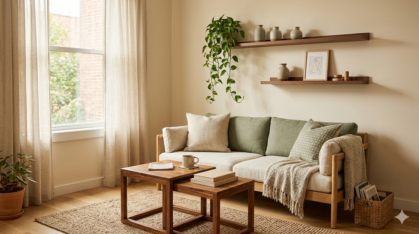Functional small apartment furniture — cozy studio living room with light oak sofa, walnut floating shelves, and sage green cushions