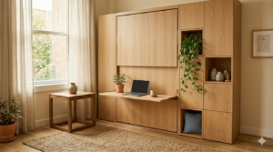 
Murphy wall bed folded up into cabinet panels in a small studio apartment, floor space used as a home office with a compact desk