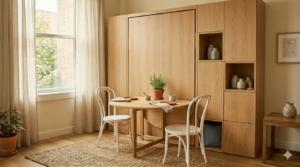 Round drop-leaf dining table expanded for two in a small apartment kitchen, with one leaf folded down showing its slim wall profile