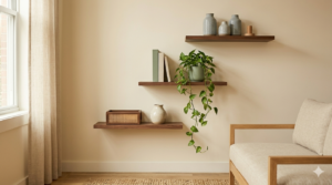 Walnut floating shelves in a small apartment living room styled with ceramic vases, trailing plants, and books — vertical storage idea