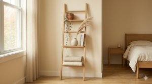 Natural wood ladder shelf leaning against a wall in a small apartment bedroom, styled with folded linen throws, small plants, and books