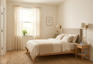 well-arranged bed in corner of bedroom with clear walkway and no blocked window