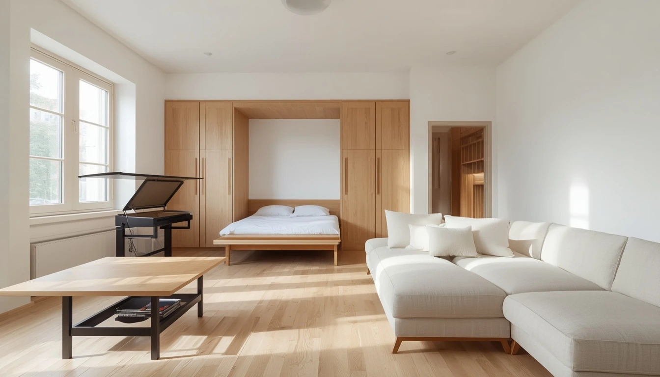 Transformer furniture for small spaces — lift table, murphy bed and modular sofa in a bright studio apartment