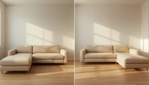 Modular sectional sofa reconfigured from L-shape to straight sofa in a small living room