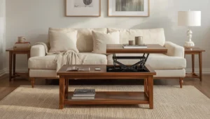 Coffee table rising to dining height in a small living room — gas-lift mechanism in action