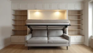Murphy bed with integrated sofa in a studio apartment — bed folded down showing sofa position