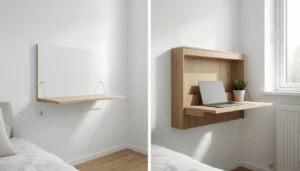 Drop-leaf wall-mounted desk folded flat against a white wall in a small bedroom