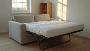 Gas-lift sofa bed converting from sofa to flat floor sleeper in a small apartment
