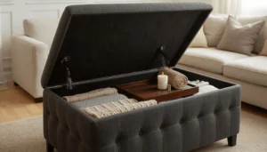 Storage ottoman open showing interior storage space — used as coffee table with tray in small living room