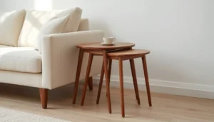 Set of three walnut nesting tables nested together and pulled apart beside a small sofa