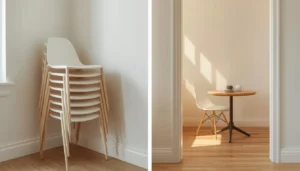 Modern stackable chairs stacked vertically in a corner of a small dining room