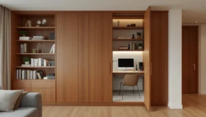 Floor-to-ceiling pivot bookcase door swinging open to reveal a hidden home office in a small apartment