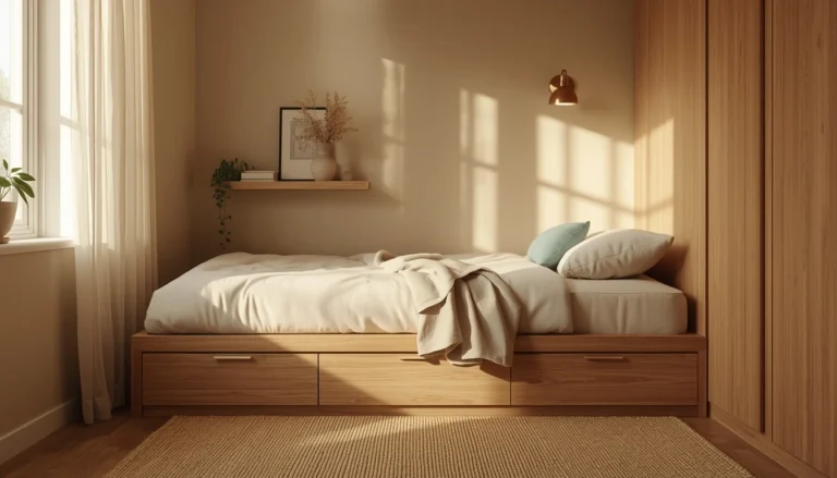 bed in corner of bedroom with storage bed and wall sconce in small room