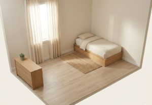small bedroom layout with bed in corner freeing up floor space
