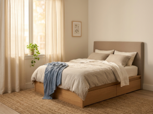  bed in corner of bedroom near window creating a cozy reading nook
