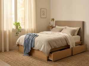 storage bed with drawers in corner of bedroom maximizing small space
