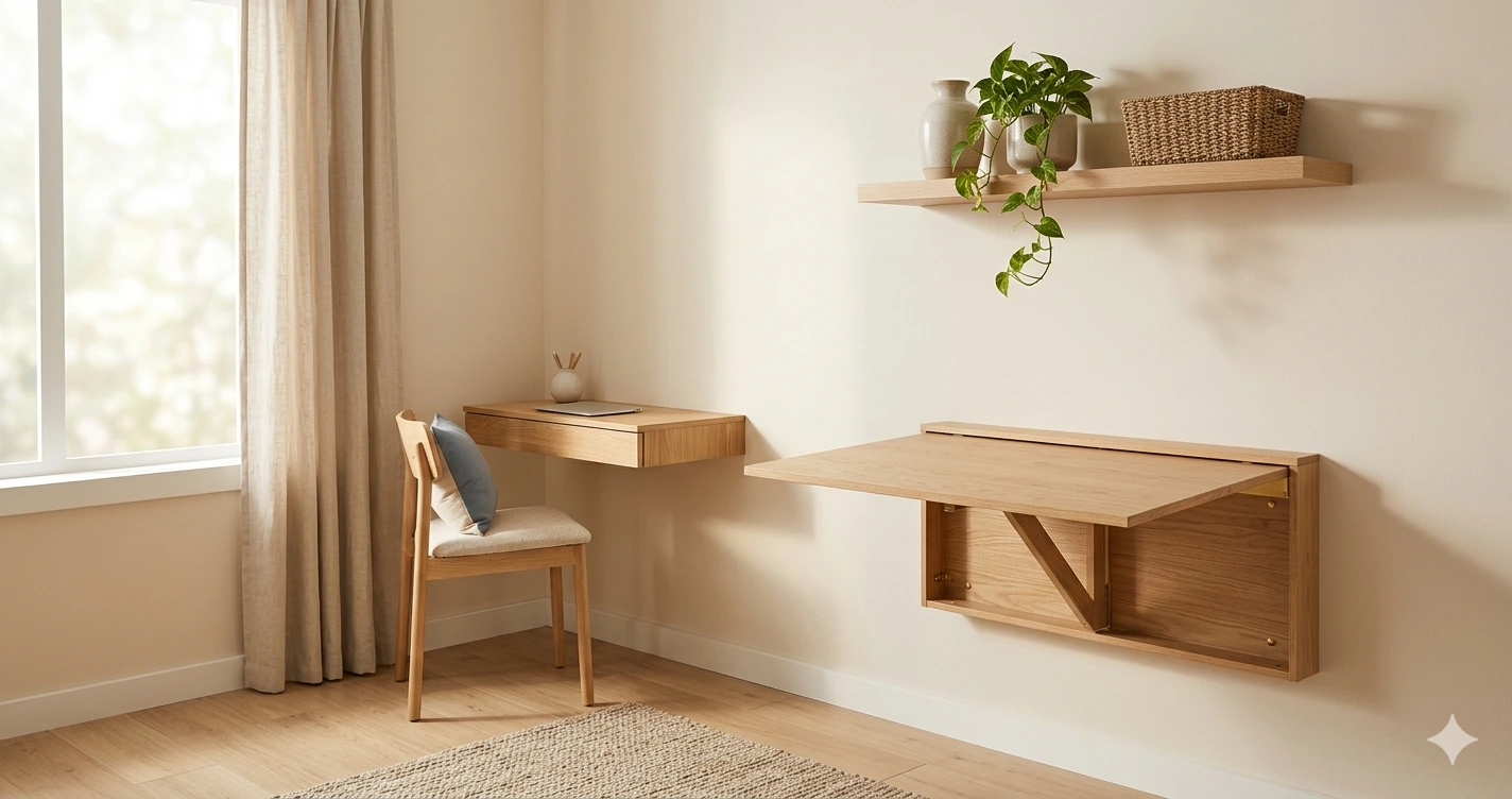 wall mounted furniture ideas for small apartments — floating shelves desk and dining table