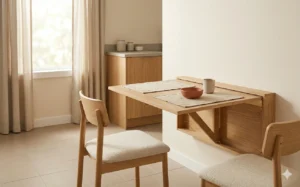 wall mounted dining table folded down in small apartment kitchen with two chairs