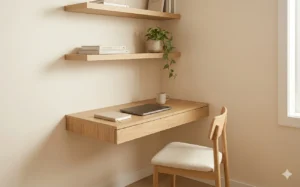 wall mounted floating desk in small bedroom home office with shelves above