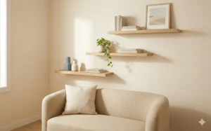 wall mounted floating oak shelves in small living room with ceramic vases and plants