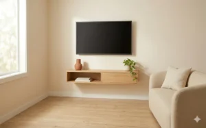 wall mounted TV unit with floating media console in small living room open floor space