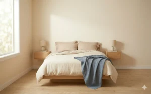 wall mounted floating nightstands on both sides of bed in small bedroom