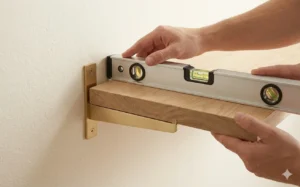 wall mounted furniture installation showing bracket and wall anchor on oatmeal wall