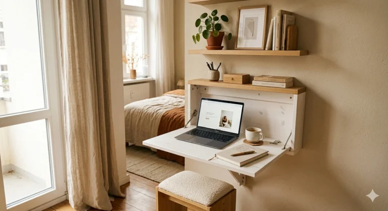 wall-mounted desk for small spaces fold-down white desk installed in small bedroom neutral decor