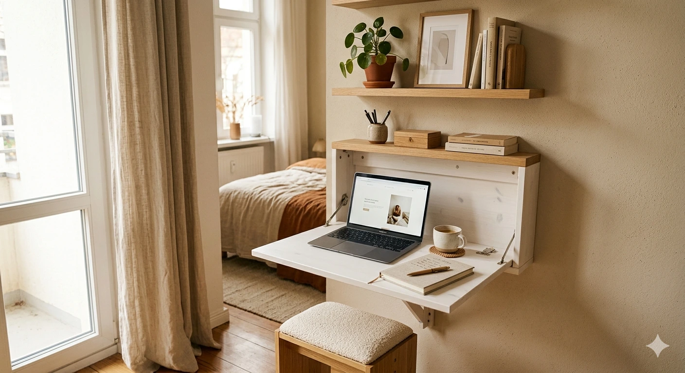 wall-mounted desk for small spaces fold-down white desk installed in small bedroom neutral decor