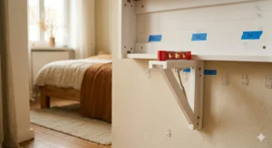 installing a wall-mounted desk for small spaces mounting bracket into wall stud apartment bedroom