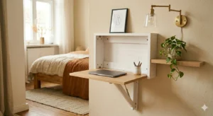 wall-mounted desk for small spaces styled with task lamp floating shelves and trailing plant bedroom decor
