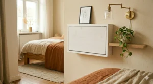 wall-mounted desk for small spaces folded closed against wall small bedroom floor space reclaimed