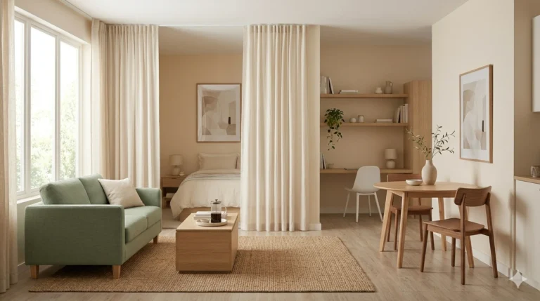 studio apartment layout ideas — open plan studio with sofa, bed zone and dining nook in warm oatmeal tones