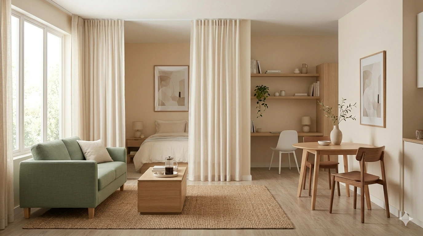 studio apartment layout ideas — open plan studio with sofa, bed zone and dining nook in warm oatmeal tones