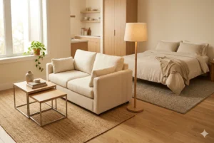 studio apartment zoning ideas — two rugs defining living and sleeping zones in one open room
