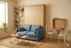 studio apartment layout ideas for 300 sq ft — murphy bed folded up with sofa and wall-mounted folding table