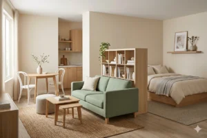 studio apartment layout ideas for 400 sq ft — L-shape layout with sofa, queen bed and round dining table