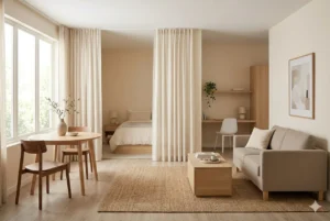 studio apartment layout ideas for 500 sq ft — three zones with curtain divider, sectional sofa and work nook