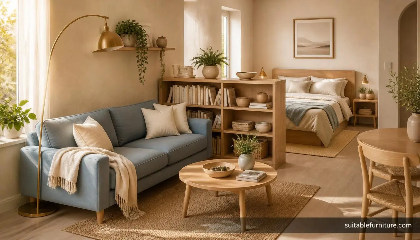 studio apartment layout ideas for small spaces with defined living and sleeping zones