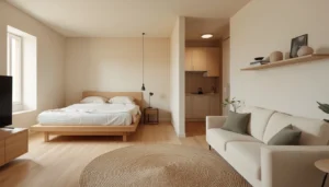 300 sq ft studio apartment layout with compact sofa and bed against far wall