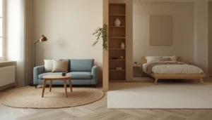 studio apartment zones defined with two rugs — living area rug and bedroom rug without walls