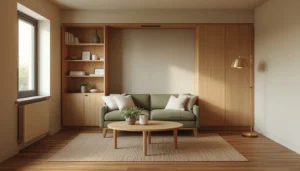 murphy bed studio apartment layout with sofa in front and bed closed against wall