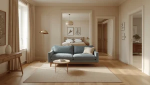studio apartment furniture pulled away from walls with clear traffic flow and defined zones