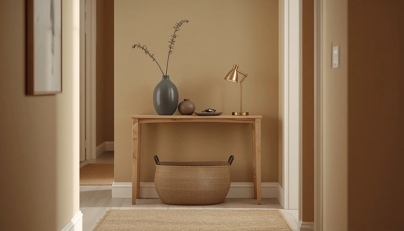 small console tables styled in a narrow apartment entryway with light oak finish and ceramic vase