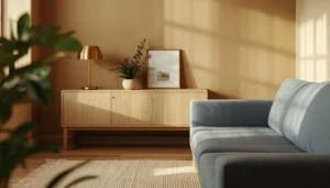 small console table placed behind a sofa in a studio apartment creating a visual room divide