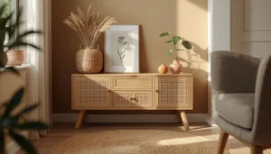 boho style console table with cane drawer fronts in warm oak beige finish styled in a small living room